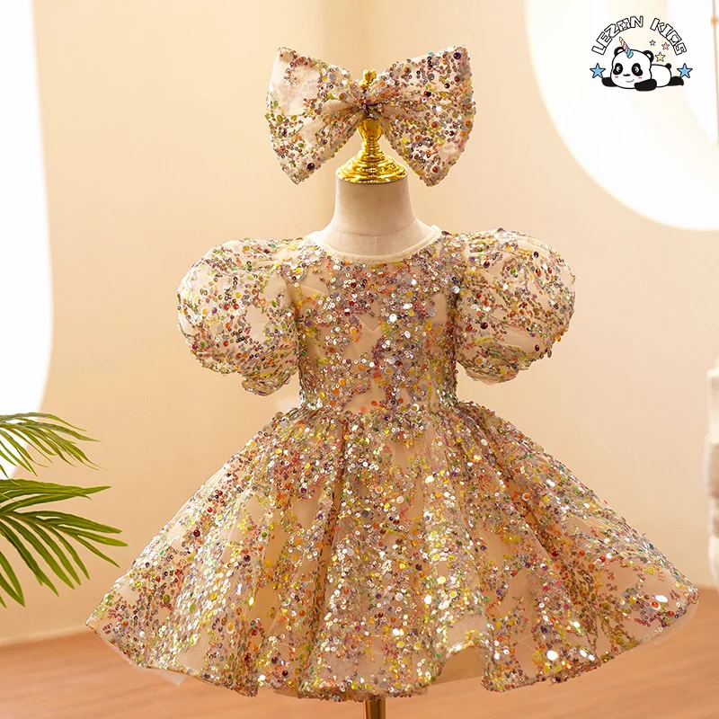LEZONKIDS - Vestido Poncho Infantil Brilhante, Vestido de Menina Flor Criança Casamento Manga Balão Princesa Vestido Lantejoulas Bebê de 12 Meses